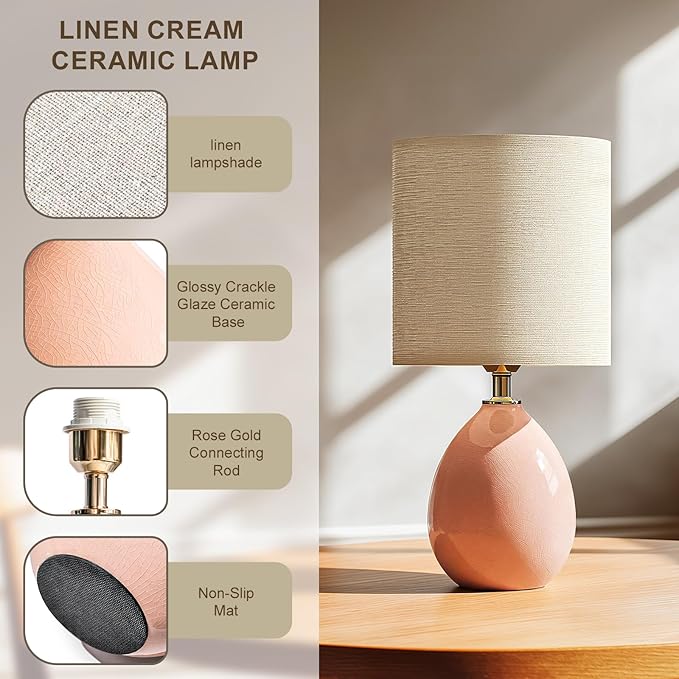 Dawnwake 18.5" Table Lamps Set of 2 for Living Room Bedroom, Bedside Lamps for Night Stands, Desk Nightstand Lamp Dimmable, Modern Linen Ceramic Lamps，Pink