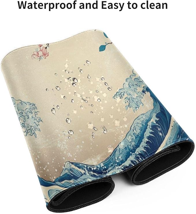 Japanese Sea Wave Extended Large Mouse Pad for Desk, 48"x24" Big Gaming Mouse Pads with Stitched Edges, Non-Slip Rubber Base Computer Desk Mat Mouse Mat for Home Office Work