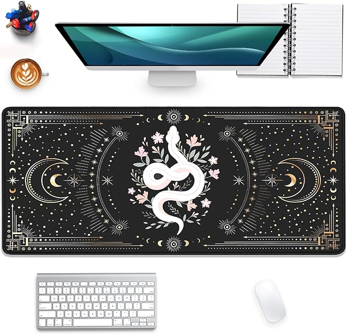 Mysterious Starry Sky Moon and White Snake Pattern Large Extended Gaming Mouse Pad E-Sports Office Desk Mat Keyboard Pad Rubber Non-Slip Computer Mouse Mat Suitable for Home Office Work(27.5X11.8 in)