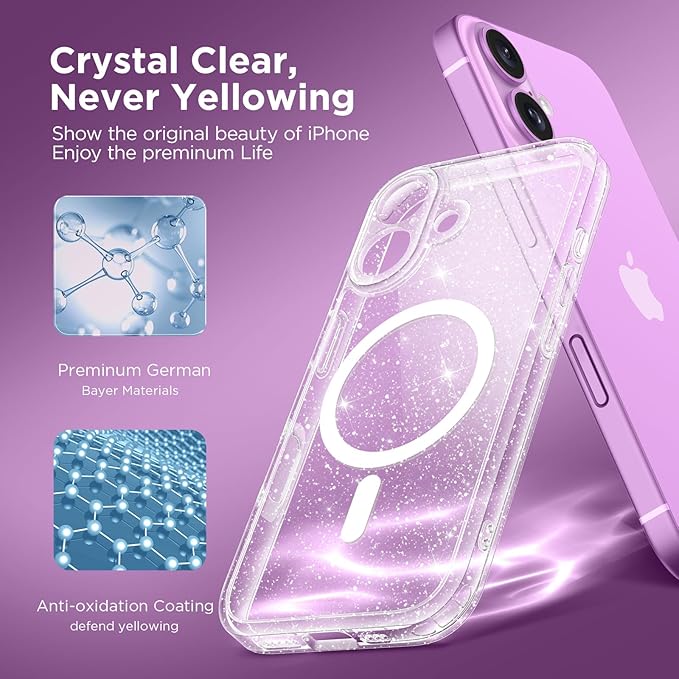 CAPRARO Magnetic Compatible with iPhone 16 Case, Upgraded [Full Camera Protection] [Compatible with MagSafe] Protective Translucent Matte Women Girl Phone Case Cover, Clear Glitter