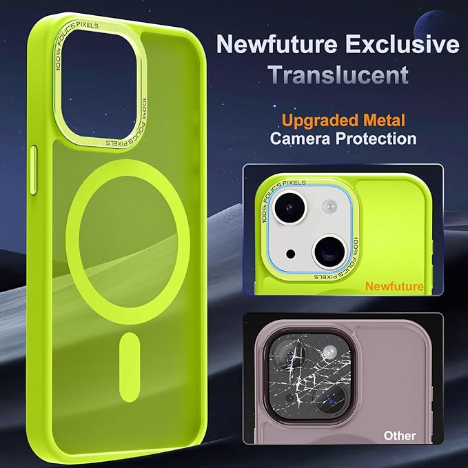 Newfuture Designed for iPhone 13 Case & iPhone 14 Case with Magnetic [13 FT Military Drop Protection] [Compatible with Magsafe] Slim Shockproof with Anti-Fingerprint Phone Case, Fluorescent Green