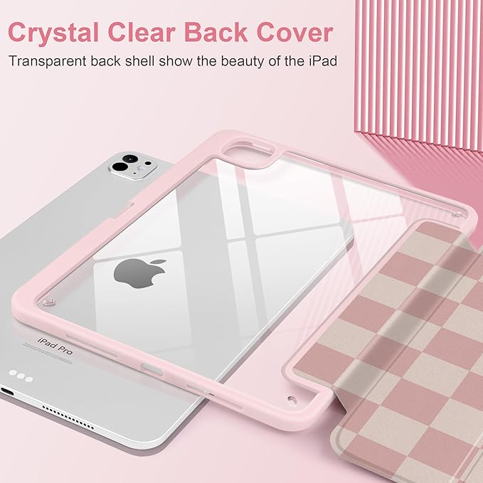 Case for iPad Pro 11 inch (M5) 2025 (M4) 2024 Release with Pencil Holder - Aesthetic Cute Preppy Design Trifold Cover with Soft TPU Bumper Clear Back Auto Sleep/Wake for Girls Women, Lattice