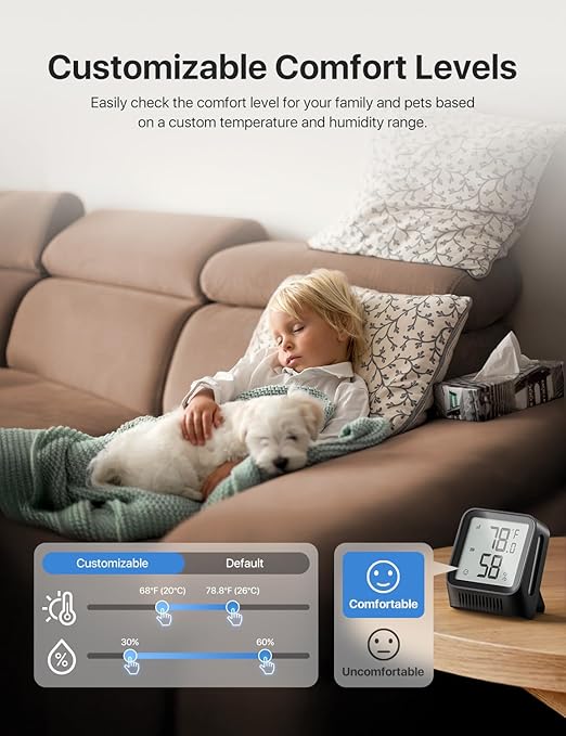 X-Sense WiFi Thermometer Indoor Hygrometer, Digital Temperature Sensor with App Control, Notification Alerts, Temperature Humidity for Bedroom, SBS50 Base Station Required, Black and White