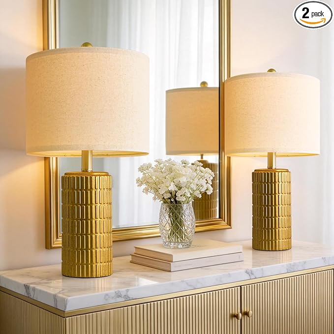 PoKat 20.75" Brass Gold Ceramic Table Lamps Set of 2 for Living Room, Small Retro Bedside Lamps for Bedroom, Nightstand Lamps for Home Decor, Vintage Bronze Decorative Lamp Sideboard Side Table Gifts