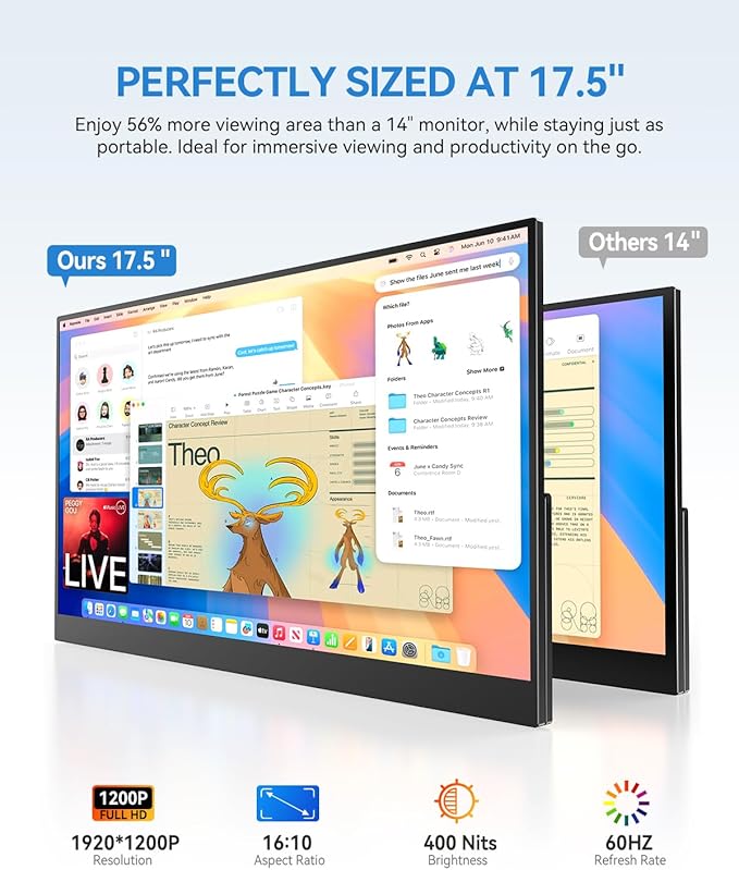 UPERFECT 17.5" Portable Monitor 1920×1200 FHD 16:10 IPS 125% sRGB 400 nits USB-C & HDMI Laptop Extender with 180° Adjustable Stand, Travel Second Screen for MacBook, PC, Phone & Gaming
