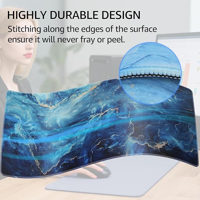 KTRIO Large Gaming Mouse Pad Desk Mat, Superior Micro-Weave Cloth, Non-Slip Rubber Base, Stitched Edges, Water-Resistant, for Gamer, Office & Home, 31.5 x 15.7 Inch，Blue Marble