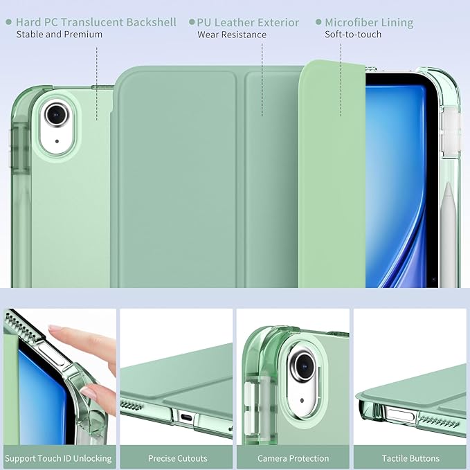 MoKo for iPad Air 11 inch Case (M4/M3/M2) 2026/2025/2024, iPad Air 5th/4th Gen 10.9 inch Case 2022/2020 with Pencil Holder, Slim Light Trifold Cover with Hard PC Translucent Back Shell, Agave Green