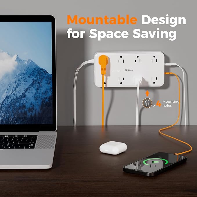 TESSAN Power Strip Surge Protector, 6FT Flat Plug Extension Cord with 8 Outlets 3 USB Charger(1 USB C), 1080 Joules Protection, Wall Mountable Charging Station for Home Office Dorm, White