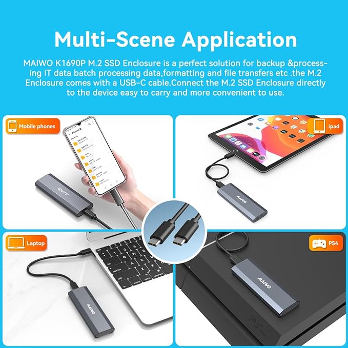 MAIWO M.2 NVMe SSD Enclosure, USB 3.1 Gen 2 USB-C (10 Gbps) External Aluminum NVMe Reader for 2230/2242/2260/2280 M-Key SSD up to 8TB, UASP Supported, Tool Free