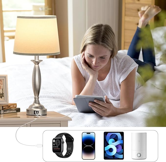 Seealle Touch Bedside Lamps for Nightstand Set of 2 - Bedroom Lamps with USB C+A, 3 Way Dimmable Nightstand Lamps, Brushed Nickel Table Lamps for Living Room (Bulbs Included)