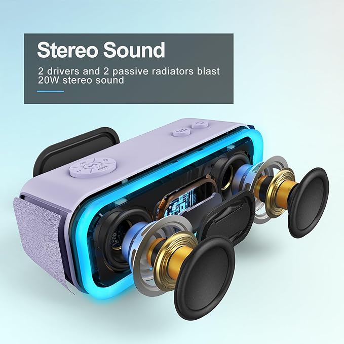 DOSS SoundBox Pro Bluetooth Speaker, 20W Stereo Sound, Active Extra Bass, 20H Playtime, Multi-Colors Lights, Wireless Stereo Pairing, IPX6 Waterproof for Garden, Hiking, Camping, Beach, Party-Purple