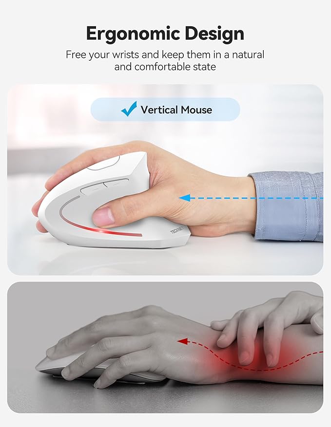 TECKNET Ergonomic Mouse, Rechargeable 2.4G+Bluetooth Vertical Mice 6 DPI Adjustable, Wireless Optical Carpal Tunnel Mouse Right Hand, Multi Device for Laptop, PC, Computer, MacBook, iPad - White