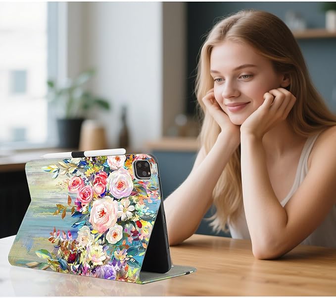 for iPad Air 11 Inch Case M4/M3/M2 2026/2025/2024, Flower for iPad Pro 11 Inch Case 4Th/3Rd/2Nd/1St Generation, for iPad Air 5Th/4Th Gen Cases 10.9 Inch Pencil Holder/Pocket/Hand Strap, Floral