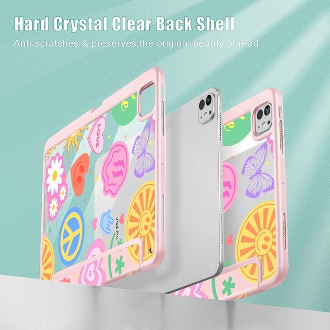 May Chen for iPad Pro 13 Inch Case M5 2025 / M4 2024, Built Pencil Holder & Clear Transparent Print Back Shell Slim Stand Shockproof Tablet Cover, Auto Wake/Sleep, Smile Art