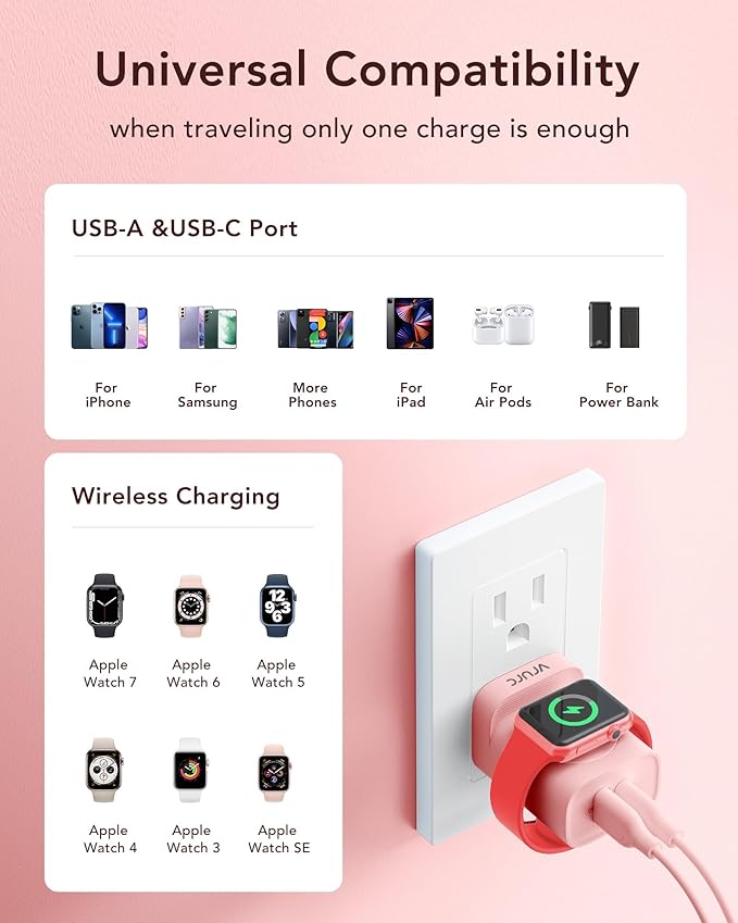 VRURC Charger for iPhone & Apple Watch, 20W USB C Fast Charging Block, 3-in-1 Compact Travel Adapter with 2 Port for iPhone 17/16/15/14/13, Wireless Magnetic for iWatch SE/11/10/9/8/7/6/5/4-Pink
