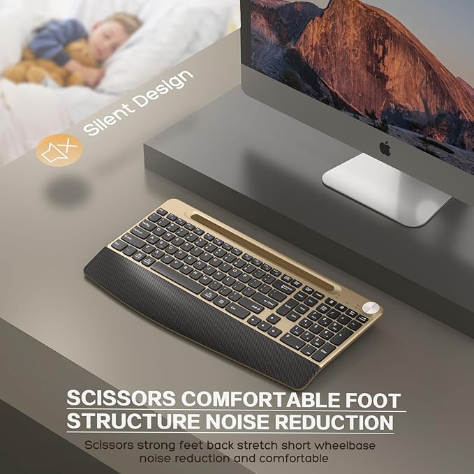 GAMCATZ Ergonomic Wireless Keyboard with Wrist Rest-Low-Profile,Phone/Tablet Holder,Quiet Design，Windows & Mac OS，Full Size Cordless USB Computer Keyboard for Desktop,Laptop, PC, Mac, Windows-Black