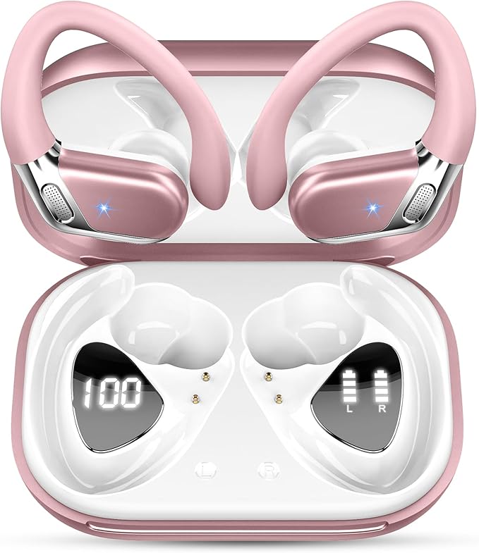 Wireless Earbud, Bluetooth 5.4 Headphones IP7 Waterproof for Sport, 50H Running Wireless Earphones with ENC Noise Cancelling Mic, Deep Bass Over Ear bud with Earhooks for Android, iOS, Workout, Gym