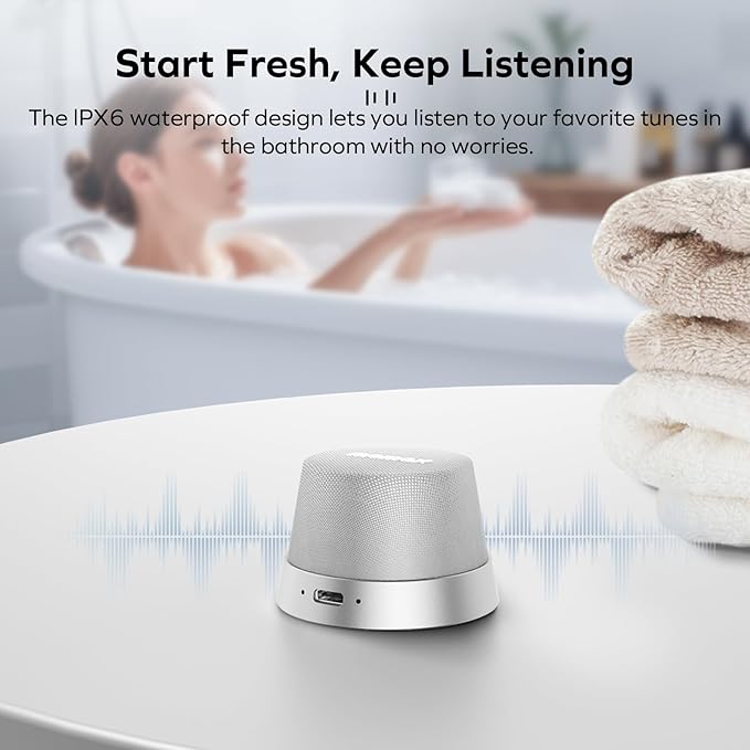 MOMAX Magnetic Portable Bluetooth Speaker, IPX6 Waterproof Mini Shower Speaker, Enhanced Bass, 12H Playtime, TWS Stereo, USB-C Outdoor Speaker, Travel & Gift Ideas, Silver