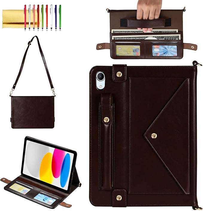Handbag Case for iPad (A16) 11" 2025 & iPad 10th Gen 10.9", Techcircle Folio Stand PU Leather Crossbody Cover with Pencil Holder+Card Slots Wallet Case w/Shoulder Strap+Hand Strap, Dark Brown