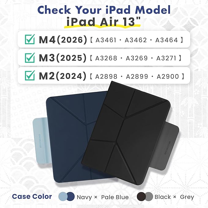 BELLEMOND iPad Air 13" Case M4 2026 / M3 2025 / M2 2024 | Origami Folio Stand | 6-Mode Foldable, Magnetic Detachable Cover | Mamoru Ori Case | Black & Grey