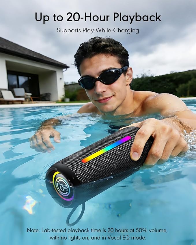 Portable Bluetooth Speaker, IPX7 Waterproof Wireless Speaker, 30W Loud Stereo Sound with Deep Bass, RGB Lights, Bluetooth 5.4, EQ Mode for Home/Party/Outdoor, Birthday Gifts for Men Women(Black)