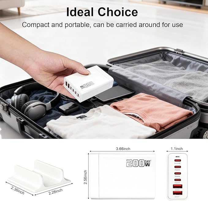 200W USB C Fast Charger, GaN Ⅲ PD 100W Charging Station, Upgraded 6-Port USB-C Fast Charging, Adapter for iPad iPhone 17 16 15 14 12, MacBook Pro, Samsung Galaxy