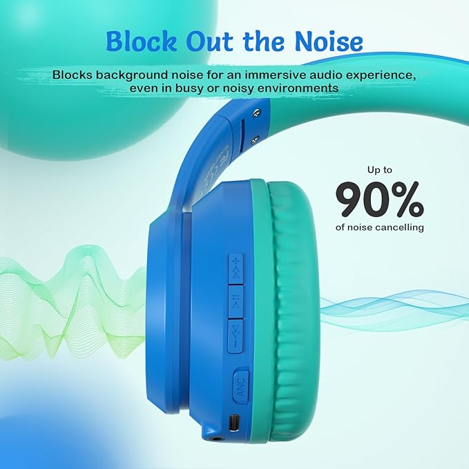 TONOSHARK Kids Bluetooth Headphones with Active Noise Cancelling, Wireless Over-Ear Headphones for Boys Girls, Foldable, Adjustable, 40H Playtime, Mic for School Travel(Blue)