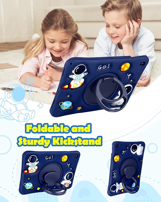 Wazzasoft for Samsung Galaxy Tab A8 10.5” Case Boys Cute Astronaut Cover Kawaii Cartoon Spacemen Fun Cool with Rotating Handle Stand+Strap Silicone Funda for Samsung A8 Tablet Cases SM-X200/X205/X207