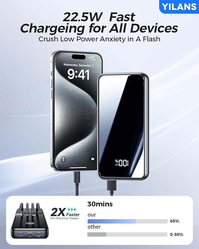 Portable Charger,50000mAh Power Bank Built-in Cable, 22.5W PD USB C In & Out Fast Charging, External Battery Pack with 6 Output & 2 Input, Travel Phone Charger for iPhone 17/16/15/14/13/12(Black)