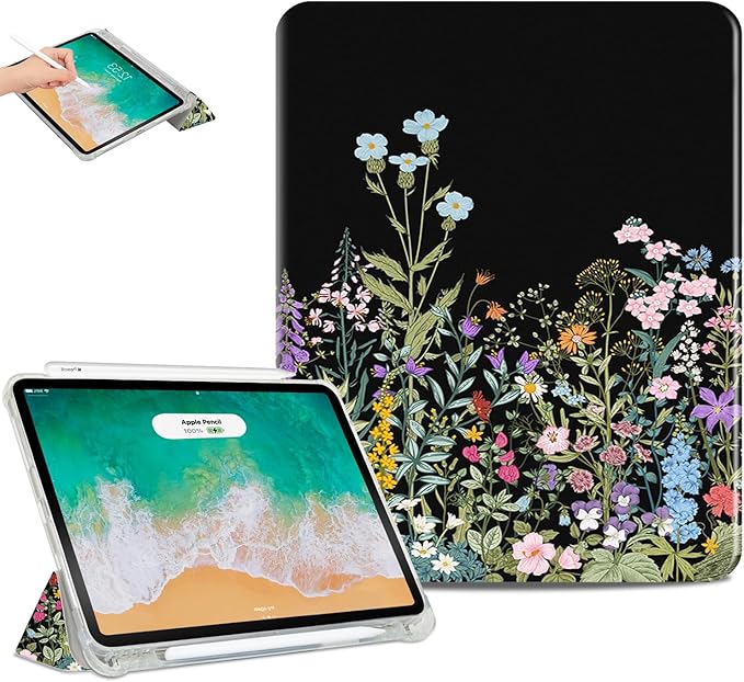 for iPad Air 11 Inch Case M4/M3/M2 2026, for iPads Air 5Th/4Th Gen Cases,for iPad Pro 11 Inch Case 4Th/3Rd/2Nd/1St Generation Slim Pencil Holder 2 Viewing Stand Typing Stand, Black Flower
