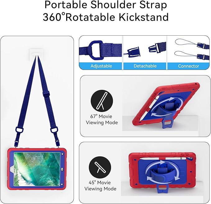 Case for iPad 6th/5th Generation 9.7'' with Screen Protector Pencil Holder [360 Rotating Hand Strap] &Stand, Drop-Proof Case for iPad 6th/5th/ Air 2/ Pro 9.7 (Red&Blue)