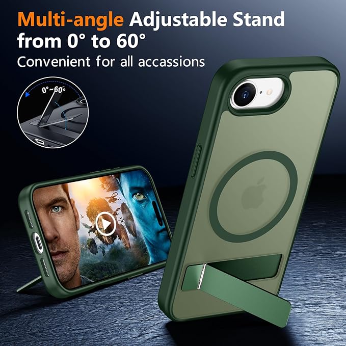 SPIDERCASE Magnetic for iPhone 17e Case for iPhone 16e Case, with [3 Stand Ways] [Military Grade Drop Protection] Invisible Stand Shockproof Slim Case for iPhone 17e/16e 6.1 inch, Green