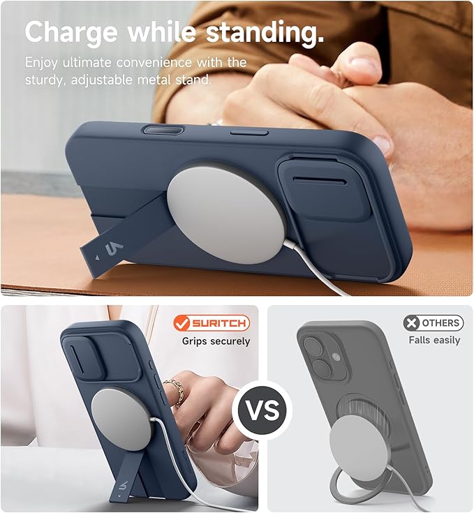 SURITCH for iPhone 17 Case with Camera Control Cover, Camera Slide Cover and Adjustable Kickstand, Compatible with MagSafe, Shockproof Bumper Protective Cases 6.3 Inch, Blue