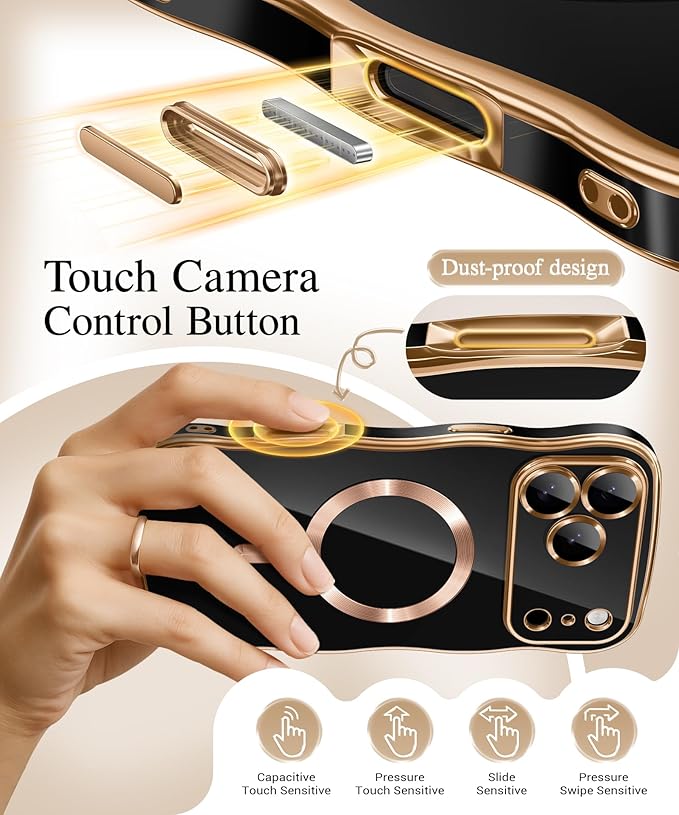 GVIEWIN for iPhone 17 Pro Case Compatible with MagSafe, Upgraded [Full Camera Protection][Cute Wave Frame][Military Grade Protection] Electroplated Hard Phone Cover for Women Girl, Black