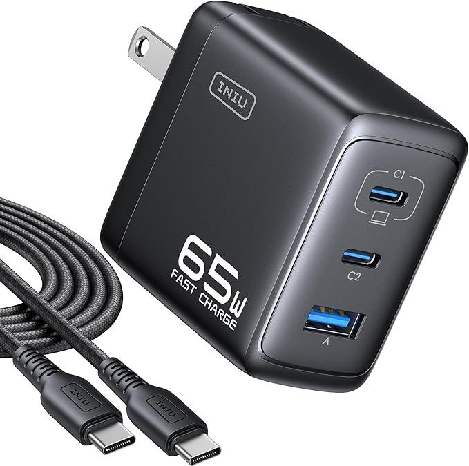INIU 65W USB C Charger Block, 3-Port GaN Fast Charging Adapter with 100W Cable & Advanced Protection, Foldable Travel Charger for iPhone 17 16 15 Pro Max, iPad, Samsung S26 S25 Ultra, Pixel 10 9 etc