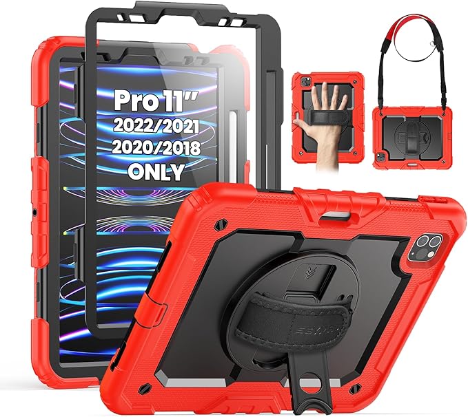 SEYMAC Case for iPad Pro 11 Case 4th/ 3rd/ 2nd/ 1st Gen (2022/2021/2020/2018), Full-Body Shockproof Protective Case with Screen Protector, 360° Rotating Stand and Hand/Shoulder Strap, Red