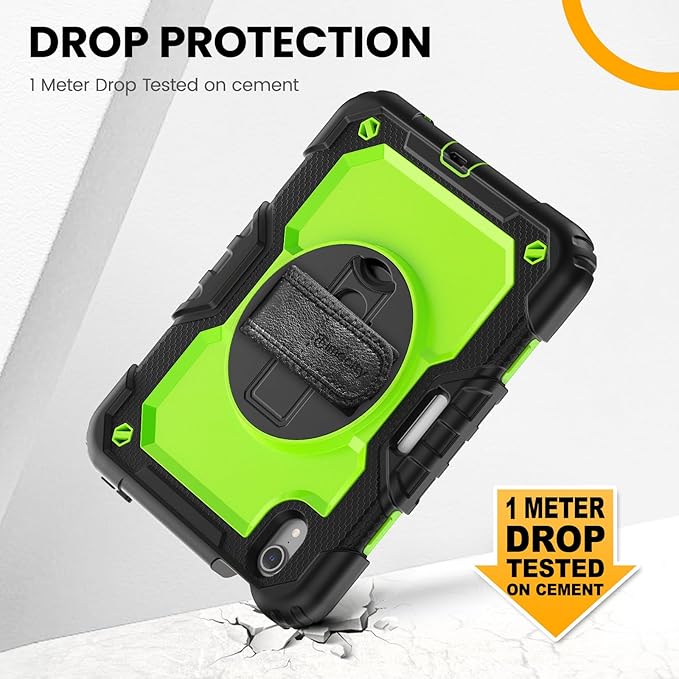 Timecity Case for iPad mini 7/6 with Screen Protector Pencil Holder [360 Rotating Stand ] & Handle/Shoulder Strap, Drop-Proof Case for iPad mini 7th/6th Generation 8.3'' Kids Students Friendly- Green