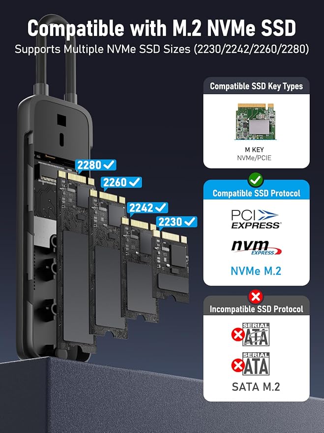 Lemorele M.2 NVMe Enclosure, USB 3.2 Gen2 10Gbps Tool-Free, SSD Enclosure for PCIe M-Key, Nvme USB Adapter Support UASP Trim for 2280 2260 2242 2230, Up to 4TB, (Sata NOT Supported)