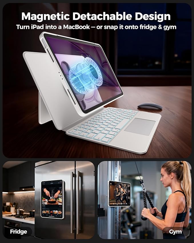 Keyboard Case for iPad Air 11" (M3/M2)& Pro 11" 4th 3rd 2nd 1st Gen, Clear Detachable Magnetic 360 Rotatable & Liftable Cover, 7-Color Backlit, Native Gesture Trackpad, 180 Kickstand, White