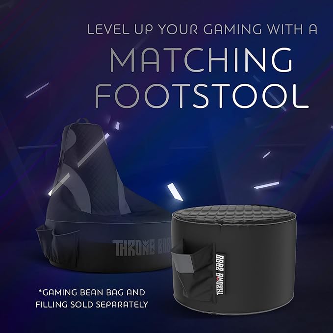 Throne Boss Gaming Footstool - Cover ONLY No Filling - Matching Bean Bag Chair Pouf/Ottoman - Round Gamer Foot Stool Footrest with Drink Holder (Grey)