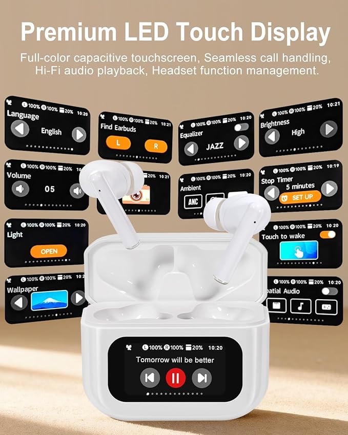 Bluetooth Earbuds with LED Touchsceen, IPX7 Waterproof Wireless Earphones, Hi-Fi Stereo & 68H Playtime, ANC ENC Noise Cancelling, for Work/Running/Trave (White)