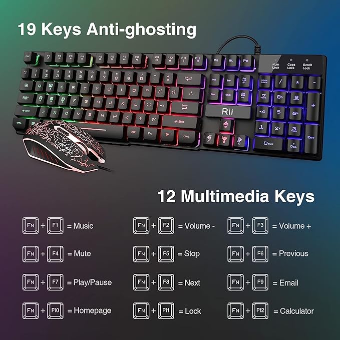 Rii Keyboard and Mouse Set, Rainbow LED Backlit Multimedia PC Keyboard, Colorful Breathing Backlit Gaming Mouse for Work or Play