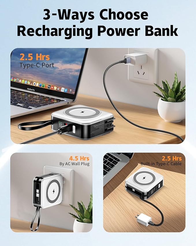 for Magsafe Portable Charger with Built-in Cables and AC Wall Plug, 10000mAh Magnetic Wireless Power Bank 22.5W Type-C in & Out Fast Charging Battery Pack for iPhone 17/16/15/14/13/12 Series, White