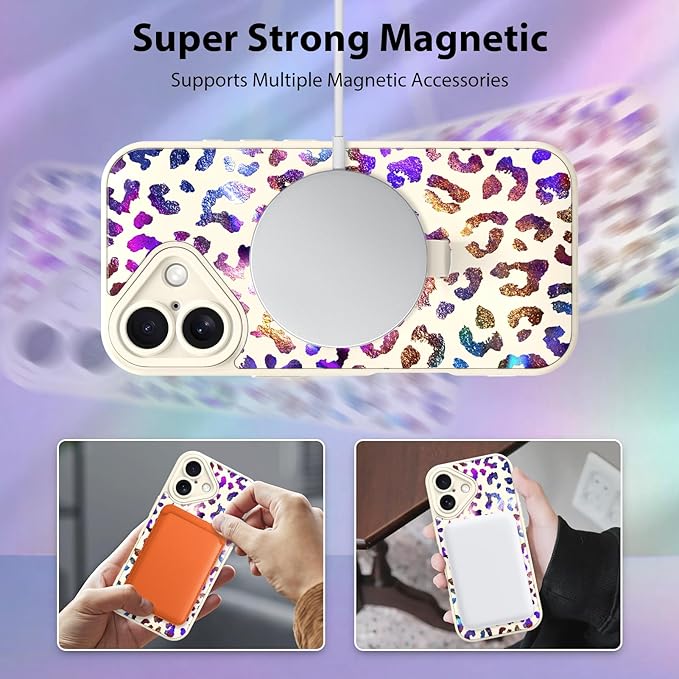 KANGHAR Compatible with iPhone 17 Case, Support for MagSafe, Silicone Cute Iridescent Leopard Cheetah Pattern, Wristband Kickstand Shockproof Protective Slim Cover for Women Girls, White