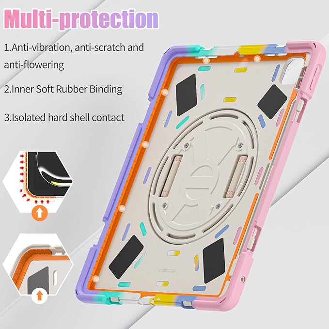 Batianda Case for iPad Pro 13-inch 2025 M5 2024 M4 Chip Heavy Duty Rugged Durability Silicone Tablet Cover with 360° Rotating Hand Strap Foldable Hidden Stand & Shoulder Strap, Colorful Pink