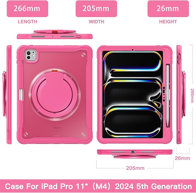 Batianda for iPad Pro 11 inch Case 2025 M5 2024 M4 Chip Lightweight Dual-Layer Protective Tablet Cover, Durable Shock-Absorbing Corners with 360° Rotating Kickstand Ring Built-in Pen Slot, Pink