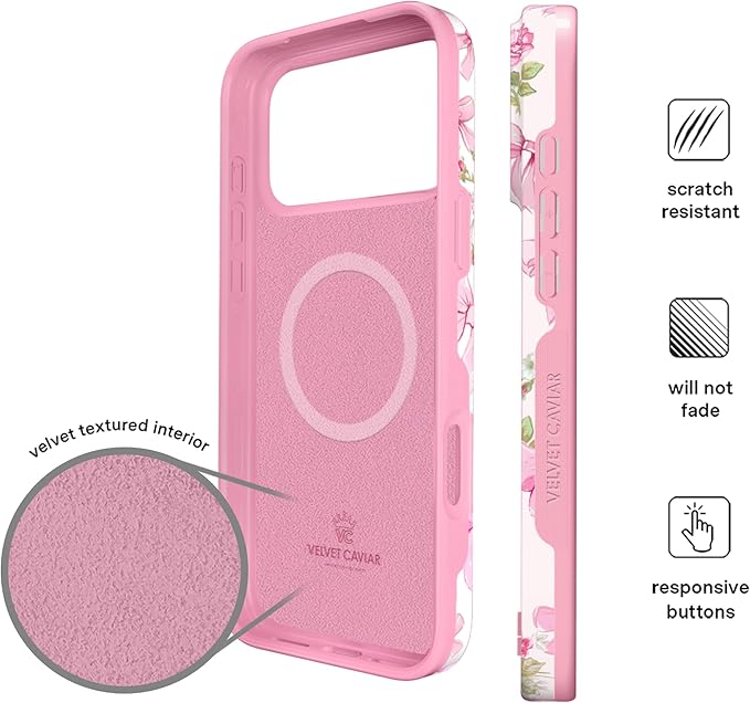 VELVET CAVIAR Case for iPhone 17 Pro Max | Compatible with MagSafe | 10ft Drop Tested | Protective Designer Cases | Posie Pink Bow 2.0