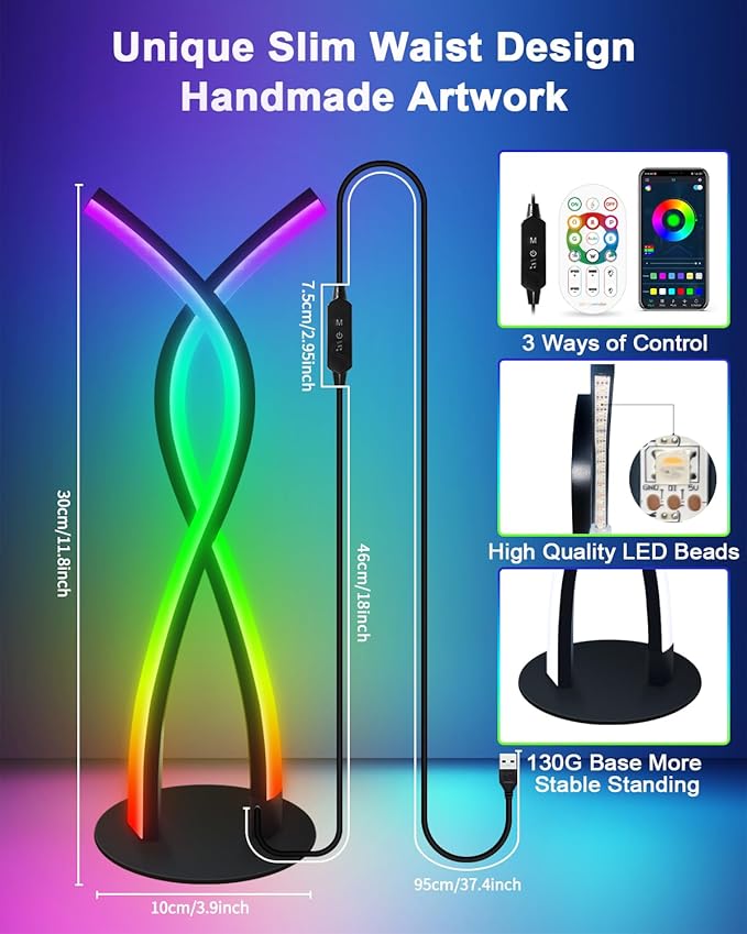 Daymeet LED Table Lamp, Modern Bedside Light Desk Nightstand Lamp RGB Color Changing Dimmable with Remote Music Sync Smart Bluetooth APP Control Night Light 5V USB Unique Desk Lamp for Bedroom Home