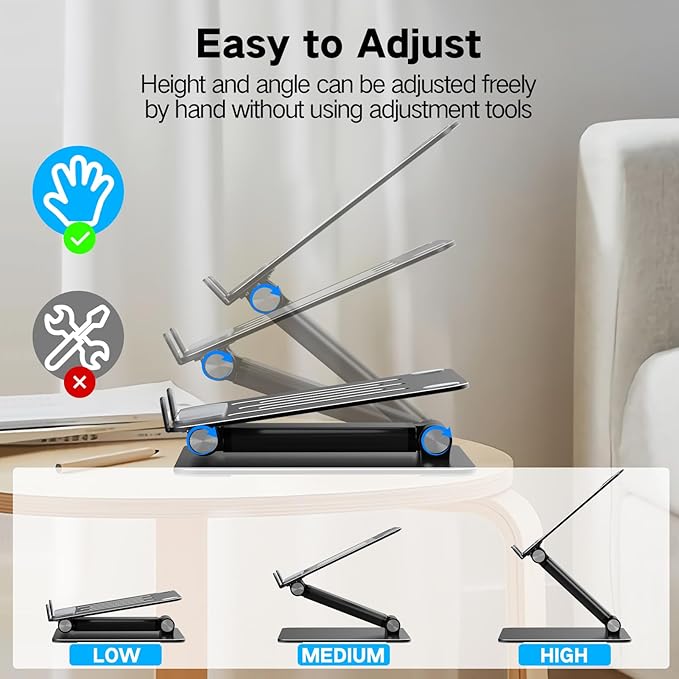Tonmom Adjustable Laptop Stand for Desk, Metal Foldable Laptop Riser, Portable Laptop Holder, Ventilated Cooling Computer Notebook Stand Compatible with 10-17.3” Laptops