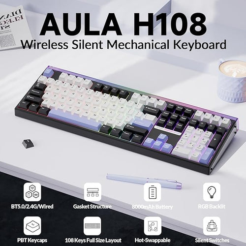 Aula H108 Wireless Mechanical Keyboard, Hot Swappable Silent Keyboard, Full Size Keyboard with Number Pad, Gasket Structure, RGB Backlit Computer Gaming Keyboard with PBT Keycaps for PC/Office